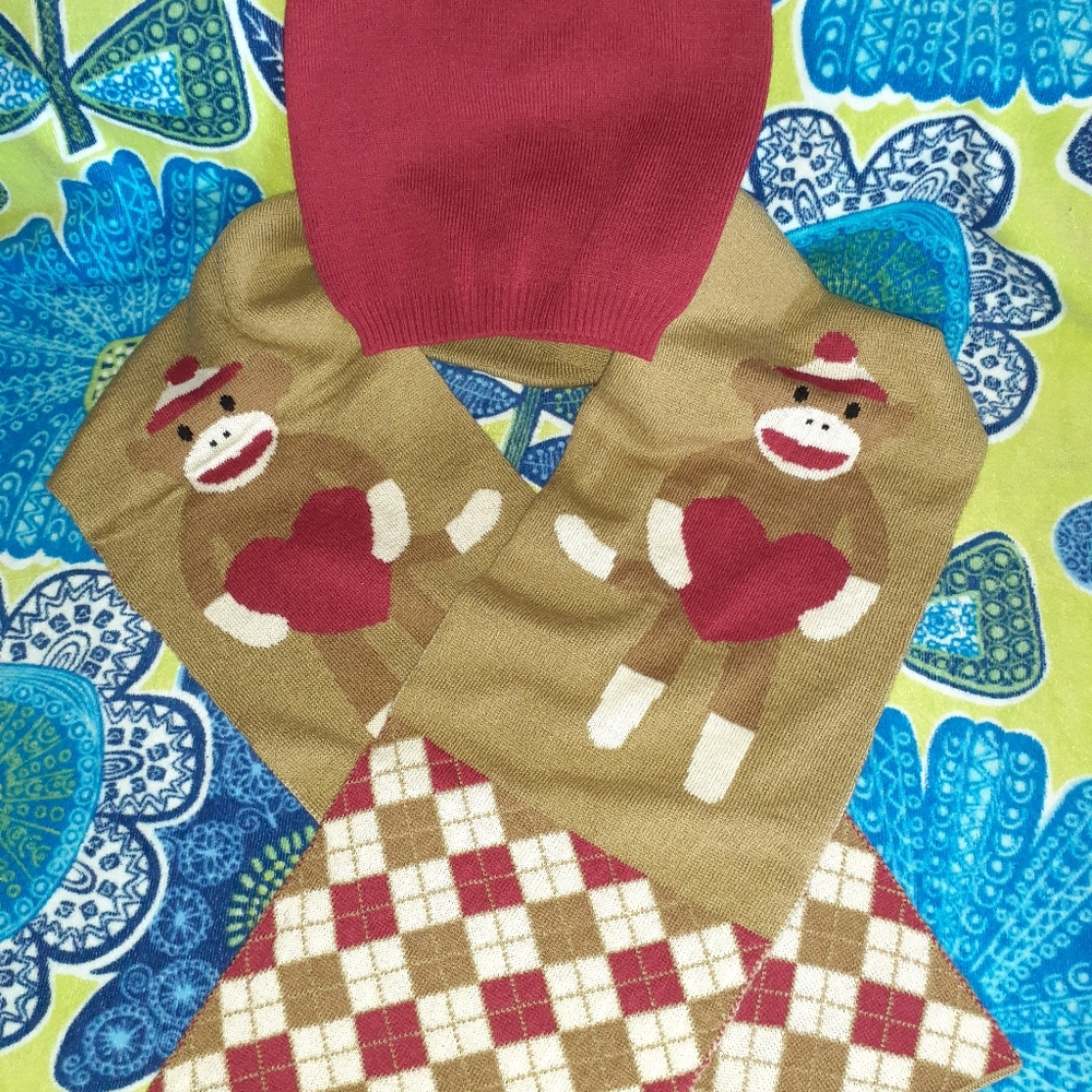 🐒 Sock Monkey Scarf & Hat Set New NWOT - Picture 3 of 5